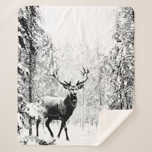 Stag Deer Wildlife Snow Winter Forest  Sherpa Blanket