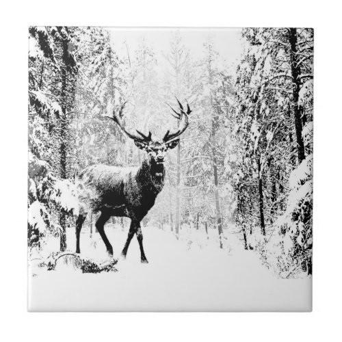 Stag Deer Winter Forest Wildlife Animal Nature art Ceramic Tile
