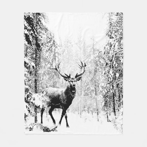 Stag Deer Winter Forest Wildlife Animal Nature Art Fleece Blanket