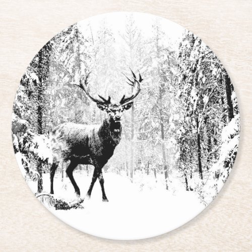 Stag Deer Winter Forest Wildlife Animal Nature art Round Paper Coaster
