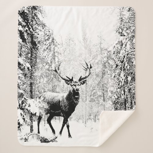 Stag Deer Winter Forest Wildlife Animal Nature Art Sherpa Blanket