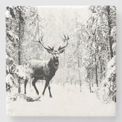 Stag Deer Winter Forest Wildlife Animal Nature art Stone Coaster