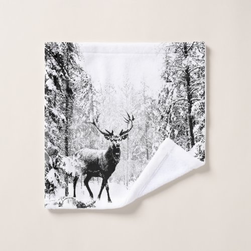 Stag Deer Winter Forest Wildlife Animal Nature art Wash Cloth