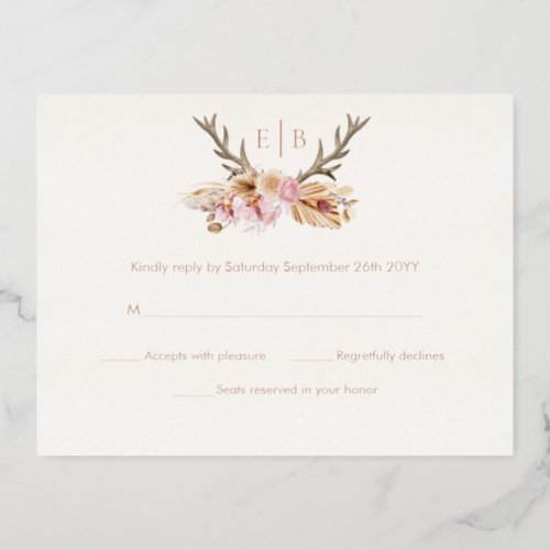 Stag Floral Antlers Boho Modern RSVP Rose Gold Foil Invitation Postcard