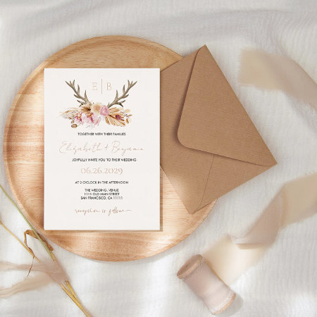 Stag Floral Antlers Boho Modern Wedding Rose Gold Foil Invitation