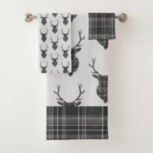 Stag Head And Grey Tartan Pattern Rustic Bath Towel Set