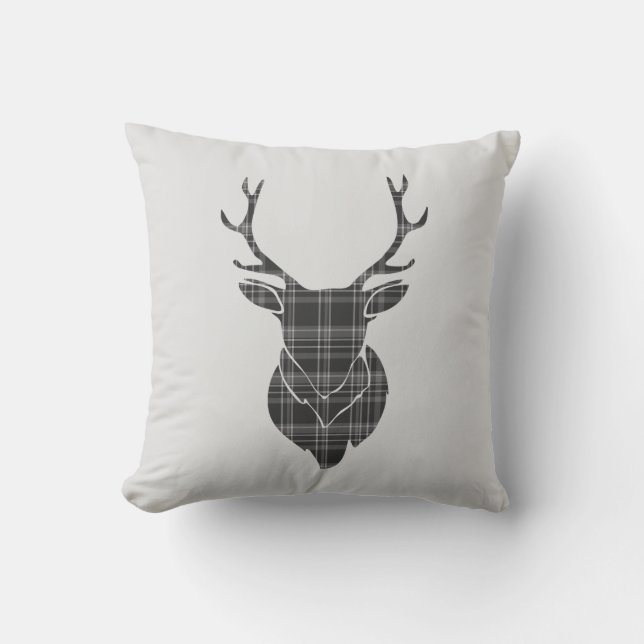 Stag Head and Grey Tartan Pattern Throw Pillow (Front)