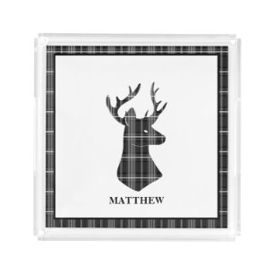 Stag Head on Black and White Plaid Acrylic Tray