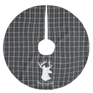 Stag Head on Black and White Plaid Brushed Polyester Tree Skirt