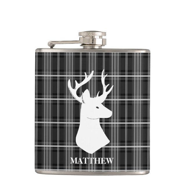 Stag Head on Black and White Plaid Flask (Front)