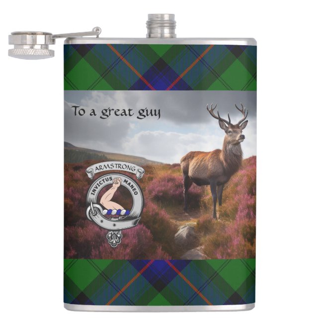 Stag in Heather w/Armstrong Badge Personalized    Flask (Opened)