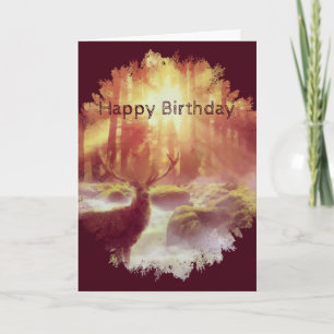 Stag in Misty Forest at Golden Sunrise Card