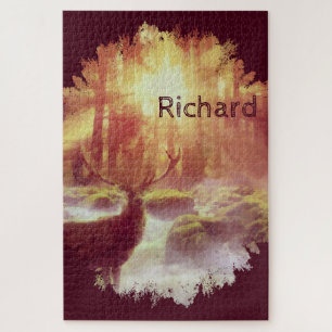 Stag in Misty Forest at Golden Sunrise Jigsaw Puzzle