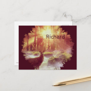 Stag in Misty Forest at Golden Sunrise Postcard