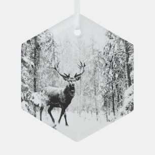 Stag in Winter Forest Wildlife Animal Nature Art Glass Ornament