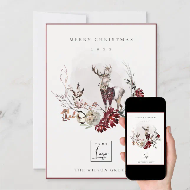 Stag Marsala Foliage Wreath Merry Christmas Logo Holiday Card (Downloadable)