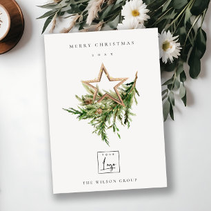 Stag Marsala Foliage Wreath Merry Christmas Logo Holiday Card