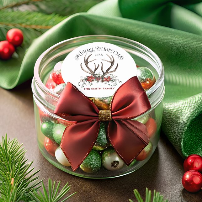 Stag Merry Christmas Botanical Classic Round Sticker (Creator Uploaded)