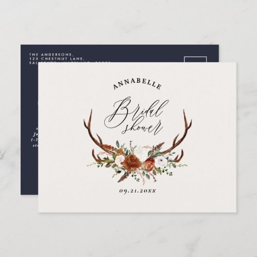 Stag navy blue rust floral elegant bridal shower postcard