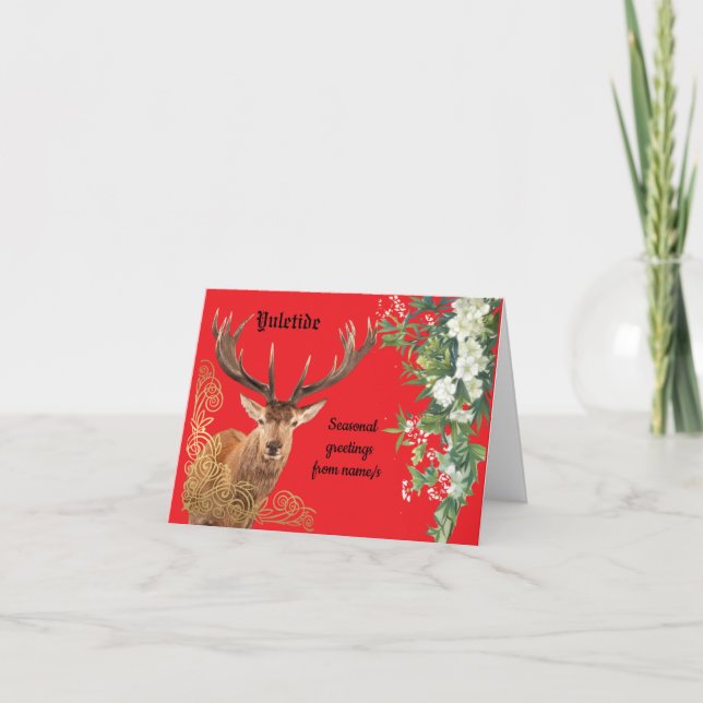 Stag on red Yule Card (Front)