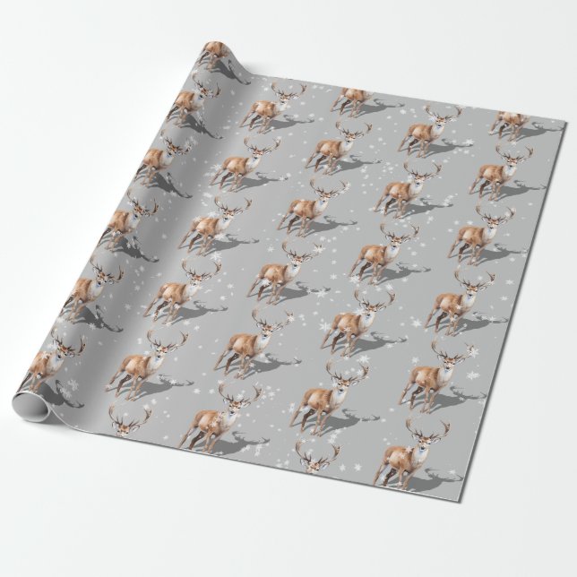 Stag Reindeer First Snowfall Christmas Holiday Wrapping Paper (Unrolled)