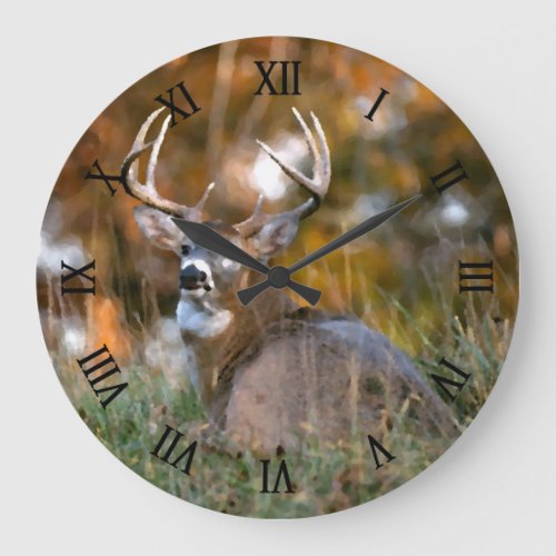 Stag Resting in Autumn Field Watercolor Large Clock