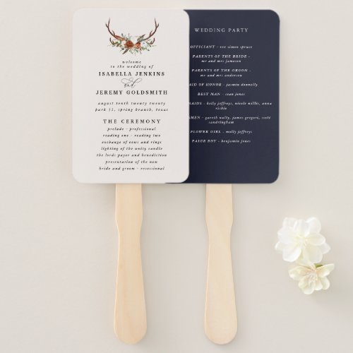 Stag rust navy blue floral rustic elegant modern hand fan