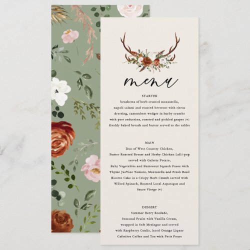 Stag rust sage green floral rustic elegant modern menu