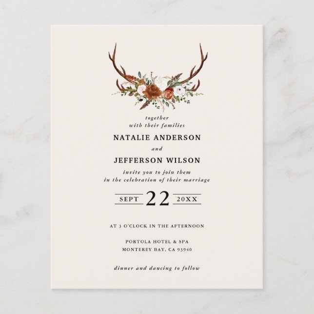 Stag rust terracotta floral budget invitation flyer (Front)
