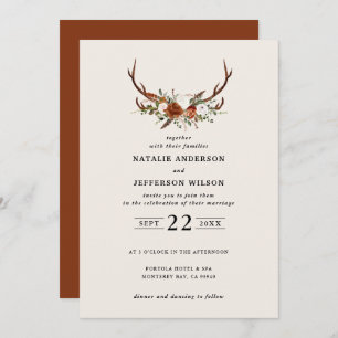 Stag rust terracotta floral rustic elegant modern invitation