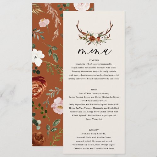 Stag rust terracotta floral rustic elegant modern menu