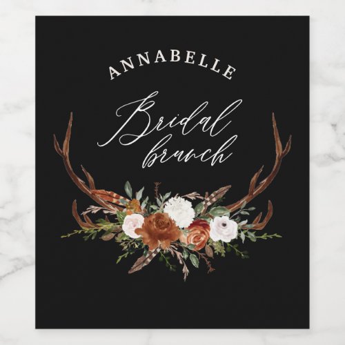 Stag rustic black rust botanical bridal brunch wine label