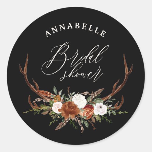 Stag rustic black rust botanical bridal shower classic round sticker