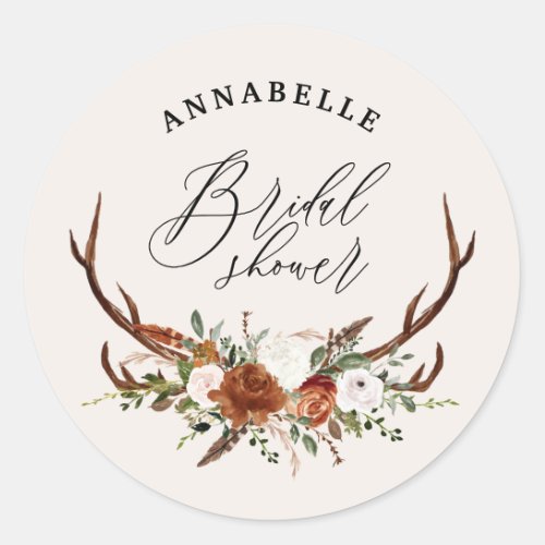 Stag rustic black rust botanical bridal shower classic round sticker