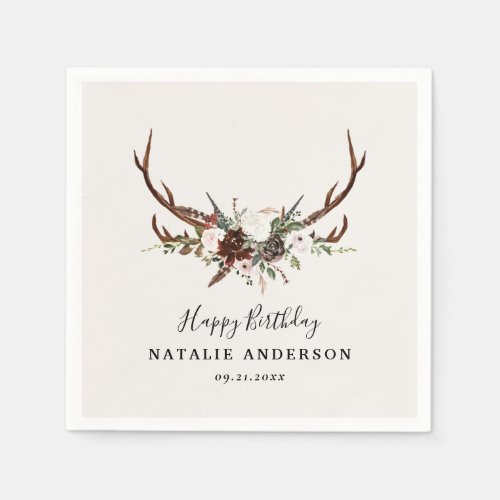 Stag rustic botanical fall barn birthday party napkins