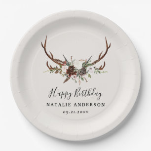 Stag rustic botanical fall barn birthday party paper plates