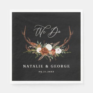 Stag rustic botanical wedding black chic floral napkins