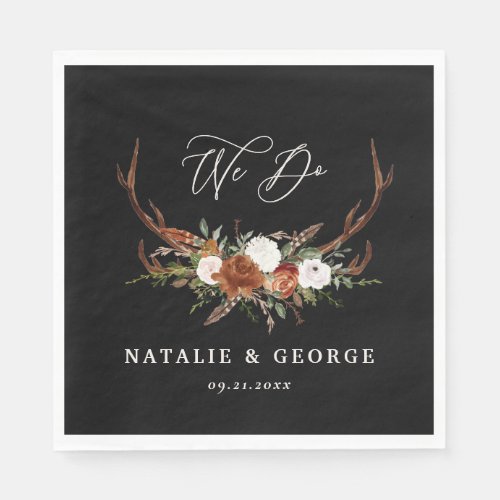 Stag rustic botanical wedding black chic floral napkins