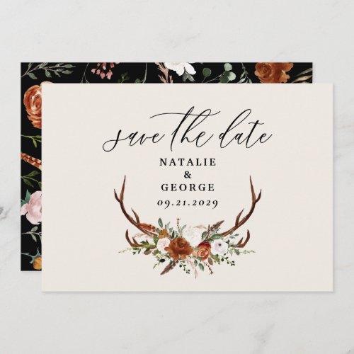 Stag rustic botanical wedding moody elegant save the date