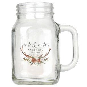 Stag rustic botanical wedding mr and mrs script mason jar
