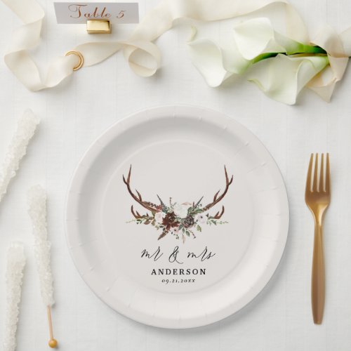 Stag rustic botanical wedding mr and mrs script na paper plates
