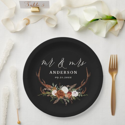 Stag rustic botanical wedding mr and mrs script pa paper plates
