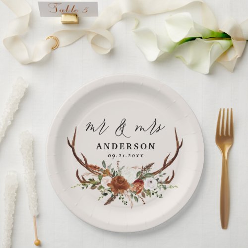 Stag rustic botanical wedding mr and mrs script paper plates