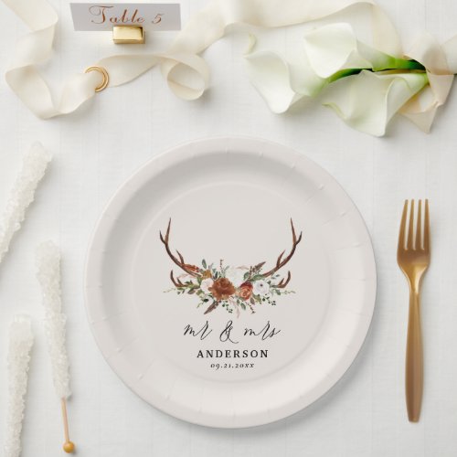 Stag rustic botanical wedding mr and mrs script paper plates