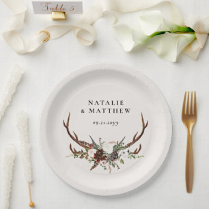 Stag rustic botanical wedding mr and mrs script paper plates