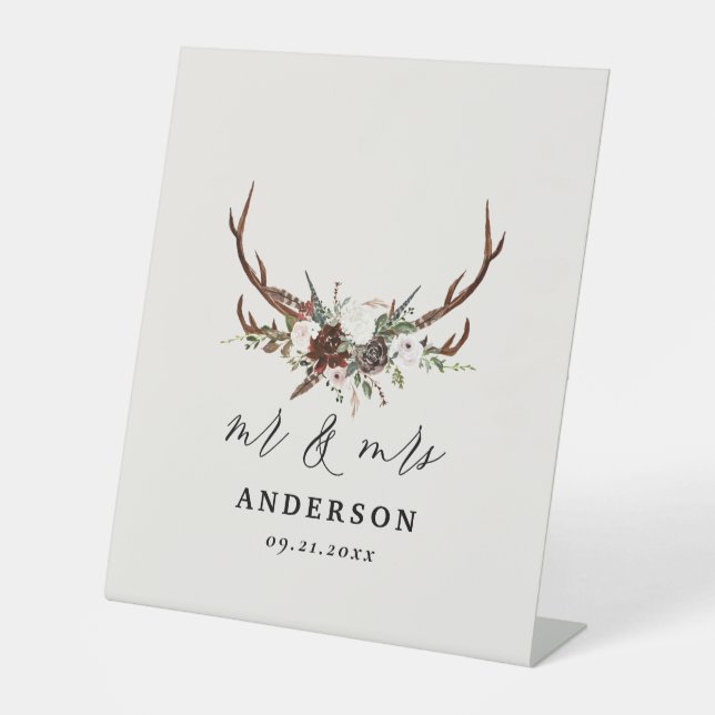 Stag rustic botanical wedding mr and mrs script pedestal sign (Front)