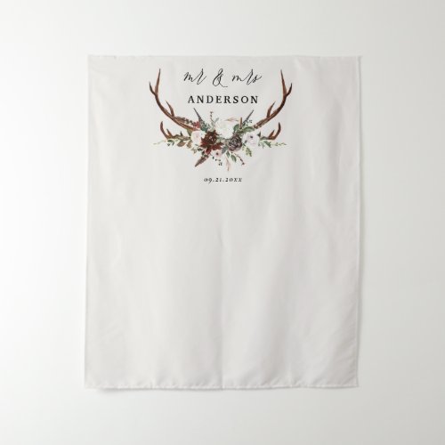 Stag rustic botanical wedding mr and mrs script   tapestry