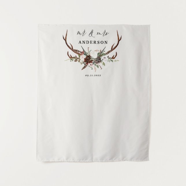 Stag rustic botanical wedding mr and mrs script   tapestry (Front)