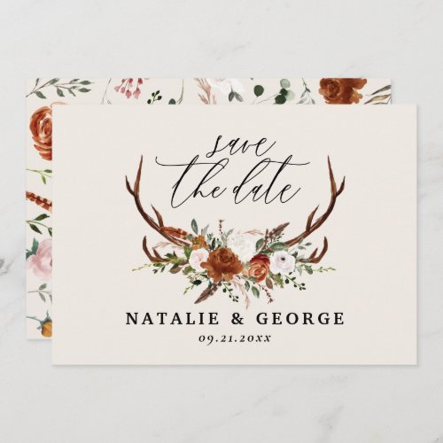 Stag rustic botanical wedding terracotta elegant save the date