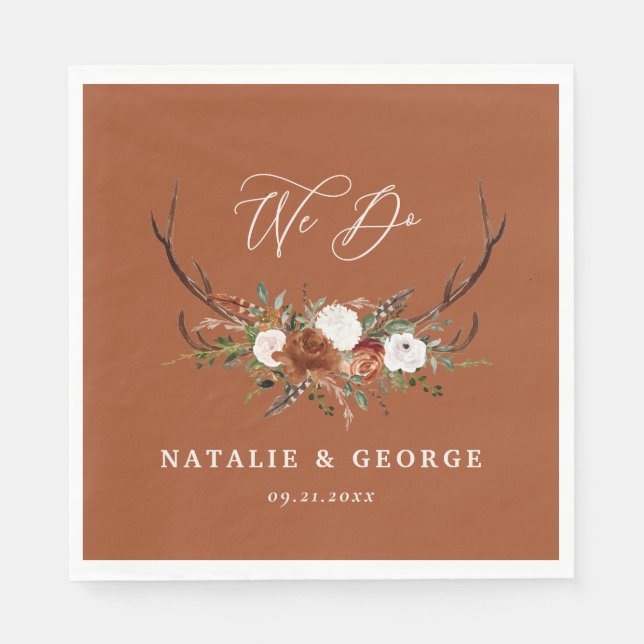 Stag rustic botanical wedding terracotta floral napkins (Front)